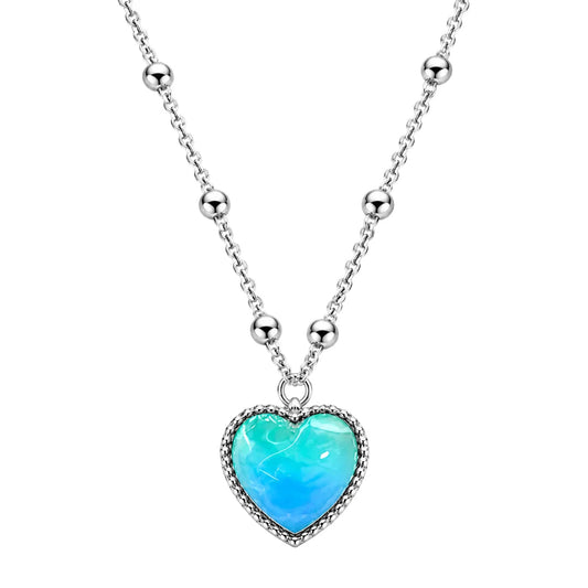 Aura colour-changing heart necklace on a silver beaded chain